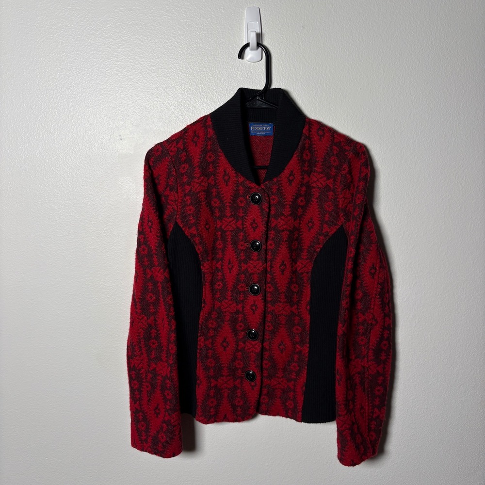 Pendleton Red Black Southwestern Wool Cardigan Sweater Ribbed Knit Jacket Womens